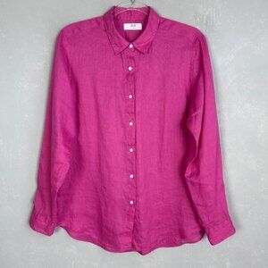 Uniqlo women size M long sleeve button up shirt 100% linen pink tunic length
